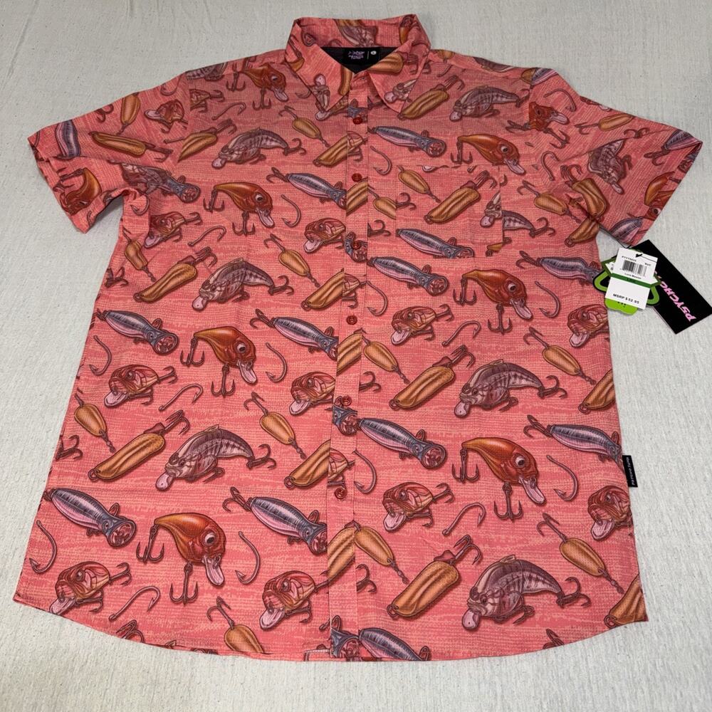 Psycho Tuna Lure Master Hawaiian Button Shirt Summer Vent Pink Fish River L NWT